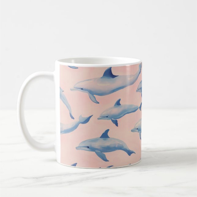 Akvarell Delfin Mönster Kust Strand Ocean  Kaffemugg (Vänster)