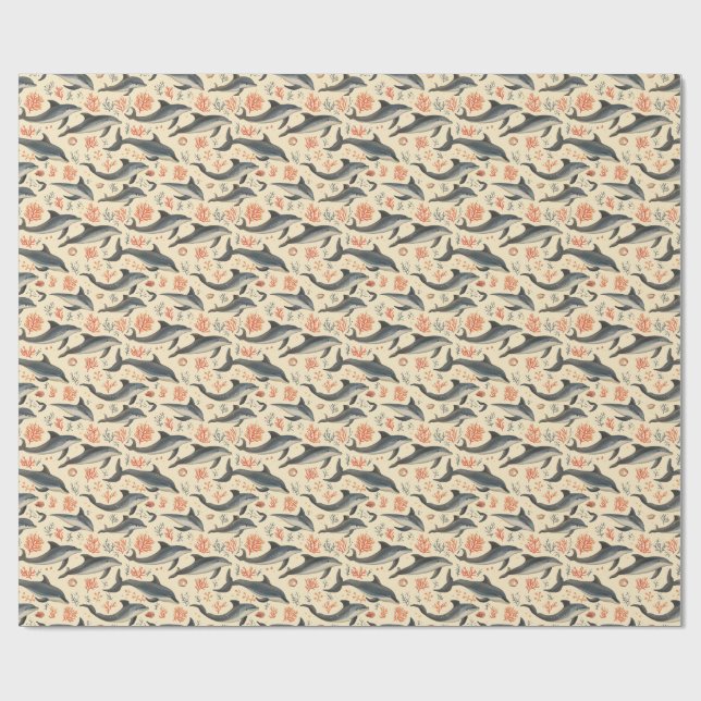 Akvarell Delfin Mönster Kusthav Korall  Presentpapper (Platt)