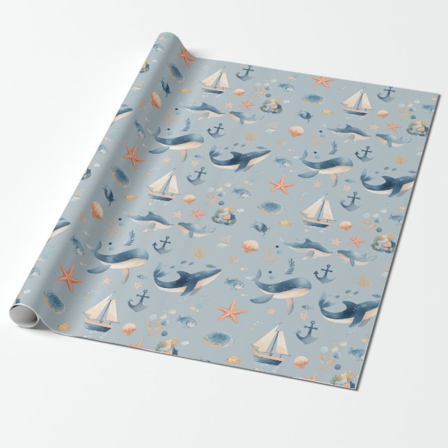 Akvarell Delfin Sömlöst Mönster Presentpapper (Utrullad)