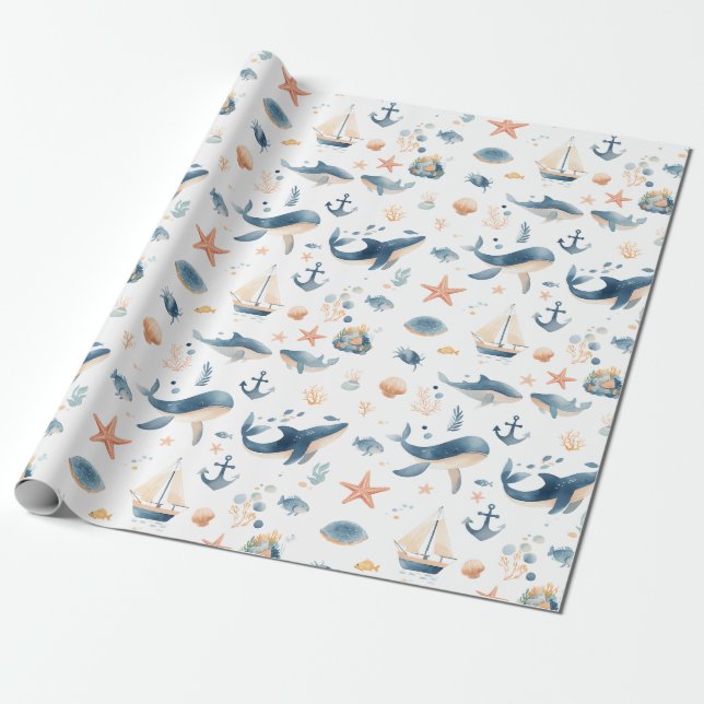 Akvarell Delfin Sömlöst Mönster Presentpapper (Utrullad)