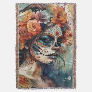 Akvarell Día de los Muertos Catrina Porträtt Filt