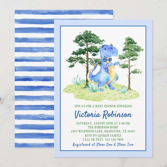 Akvarell Dinosaurie Pojke Baby Shower Inbjudningar (Fram/baksida)