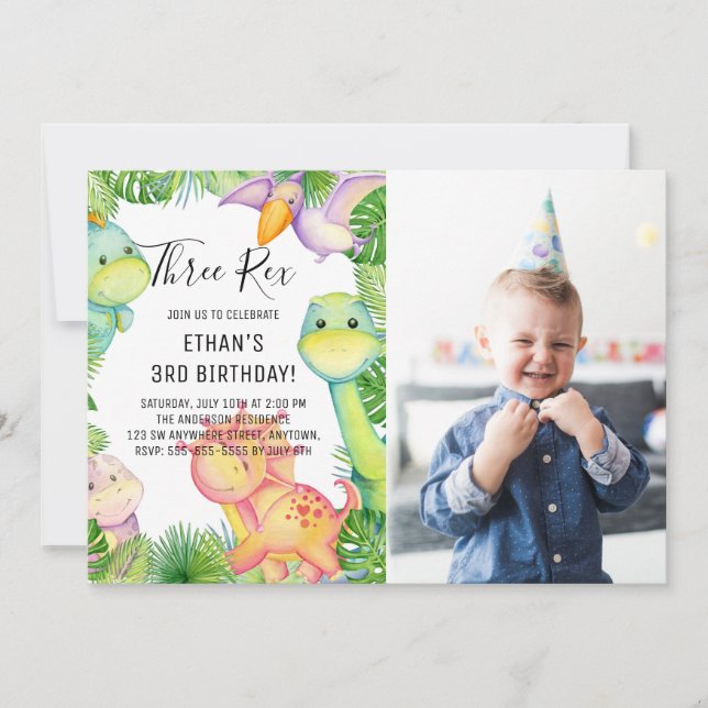 Akvarell Dinosaurie Tre Rex 3-års Födelsedagsfoto Inbjudningar (Framsida)