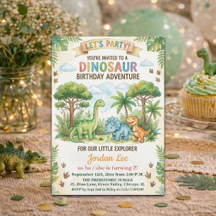 Akvarell Dinosaurier Djungel 2-års Födelsedagsfest Inbjudningar