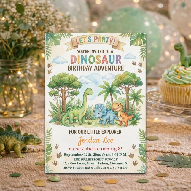 Akvarell Dinosaurier Djungel 8-års födelsedagsfest Inbjudningar (Skapare uppladdad)