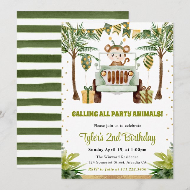 Akvarell Djungel Apa Barnkalas Inbjudningar (Fram/baksida)