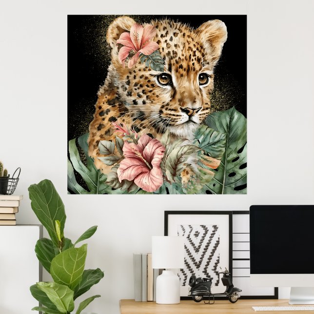 Akvarell Djungel Baby Djur Blommig Konst Poster (Hemmakontoret)