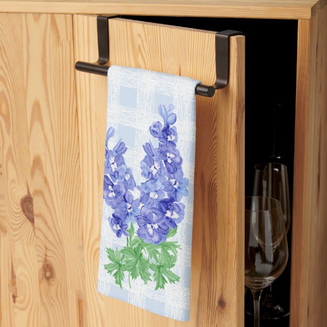 Akvarell Djupblå Delphinium Ljusblå Gingham Kökshandduk (Thirds Fold)