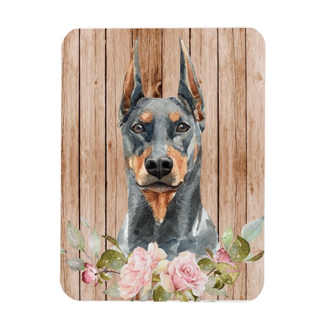 Akvarell Doberman & Blommor Magnet (Vertikal)