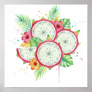 Akvarell Drakfrukt & Tropisk Hibiskus Poster