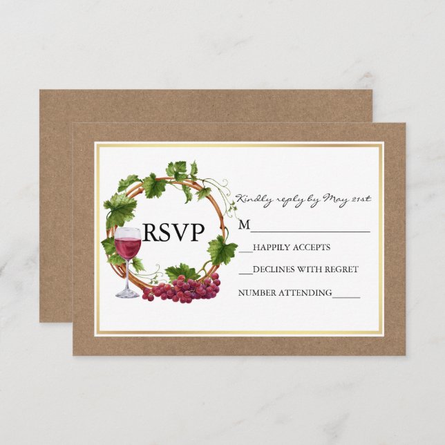 Akvarell Druvrankor Trä Krans Kraft Bröllop OSA Kort (Fram/baksida)