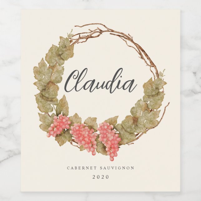 akvarell druvvin krans hemmagjort vin vinflaska etikett (Singel etikett)