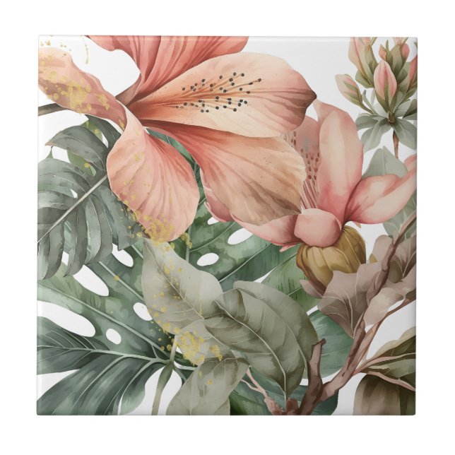 Akvarell Dschungelblommor Persika Guldstänk Kakelplatta (Framsidan)