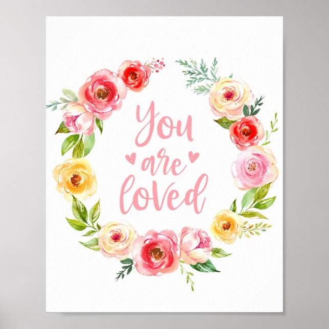 Akvarell Du Är Älskad Blommig Barnkammars Konsttry Poster (Framsidan)