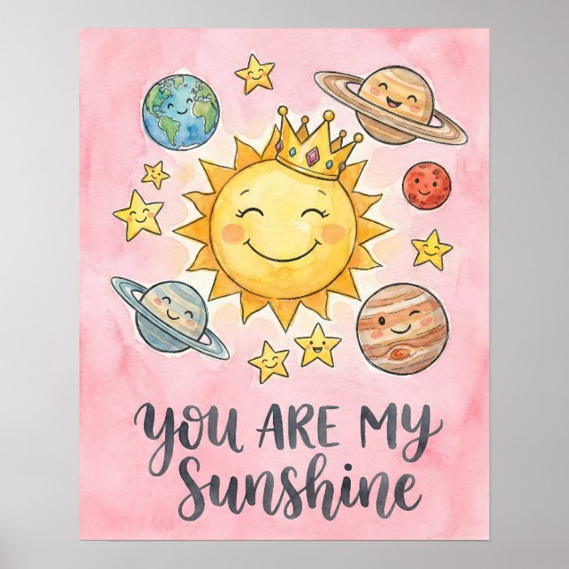 Akvarell "Du är min solsken" Söta rymdbarn Poster (Framsidan)