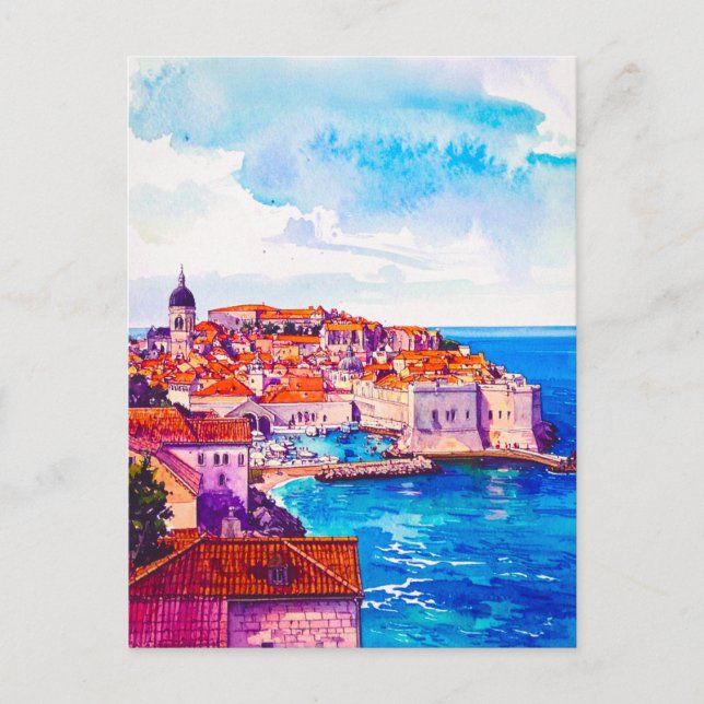 Akvarell Dubrovnik Retro Gamla Stanen Resa Vykort (Framsida)