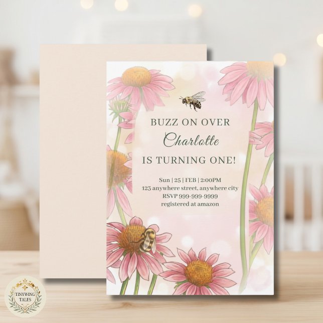 Akvarell Echinacea & Humla 1-årsdag Inbjudningar (Watercolor Echinacea & Bumblebee 1st Birthday Invitation)