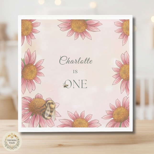 Akvarell Echinacea & Humla 1-årsdag Pappersservett (Watercolor Echinacea & Bumblebee 1st Birthday Napkins)