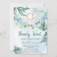 Akvarell Elefant Blå Rosor Baby Shower