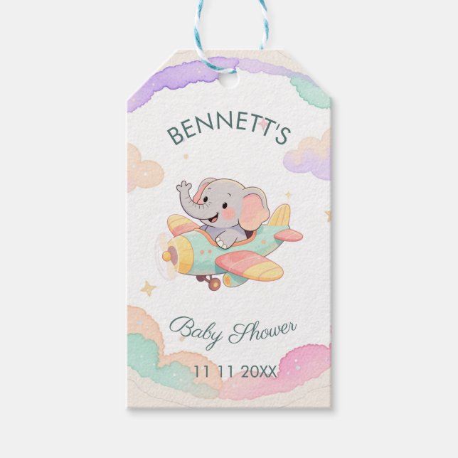 Akvarell Elefant Flygplan Baby Shower Presentkort Presentetikett (Framsidan)