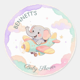 Akvarell Elefant Flygplan Baby Shower Runt Klistermärke