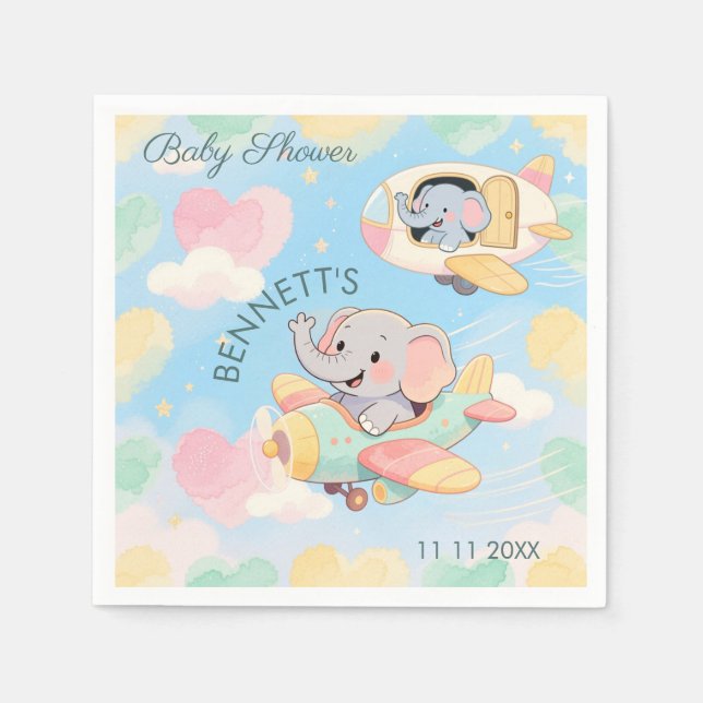 Akvarell Elefant Flygplan Baby Shower Servett (Framsidan)