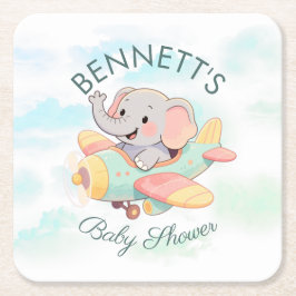 Akvarell Elefant Flygplan Baby Shower Underlägg Papper Kvadrat