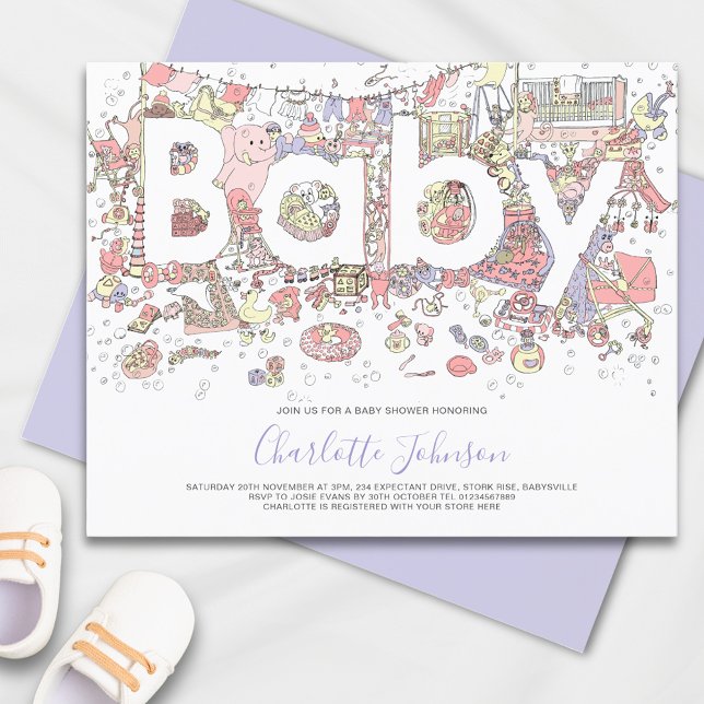 Akvarell Elefant Lila Budget (Cute elephant pink and purple baby shower invitation )