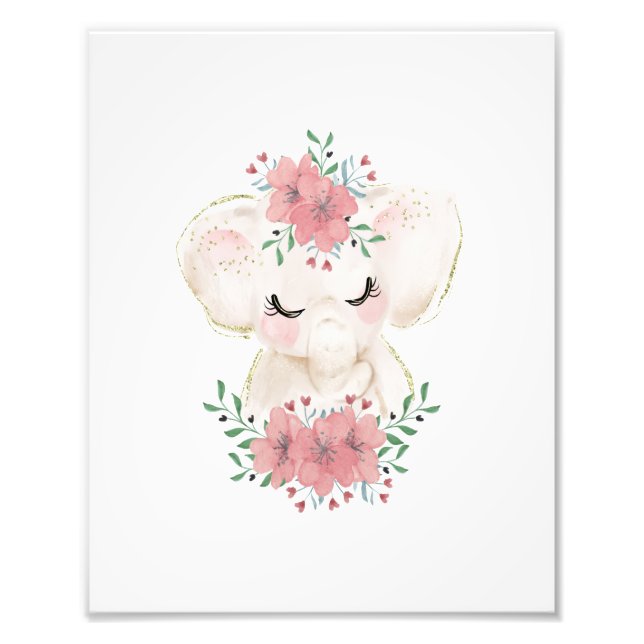 Akvarell Elefant med Blommig Foto Print (Framsidan)