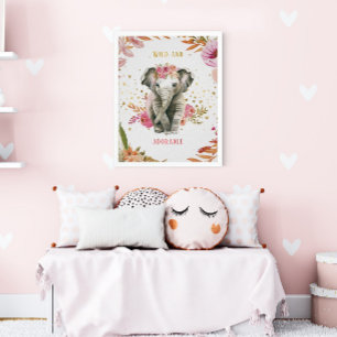 Akvarell Elefant Rosa Blommor Flickrum Poster