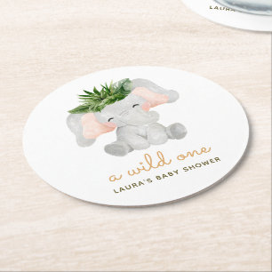 Akvarell Elefant Tropiska Löv Baby Shower Underlägg Papper Rund