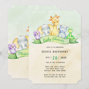 Akvarell Elefant & Vänner Baby Shower Inbjudningar