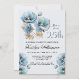 Akvarell Elegant Blå Guld Blommig 25-årsdag Inbjudningar