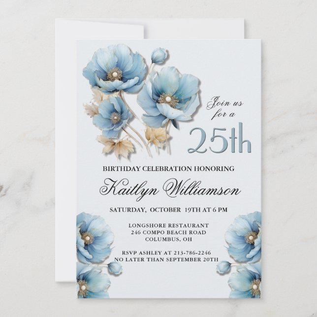 Akvarell Elegant Blå Guld Blommig 25-årsdag Inbjudningar (Framsida)