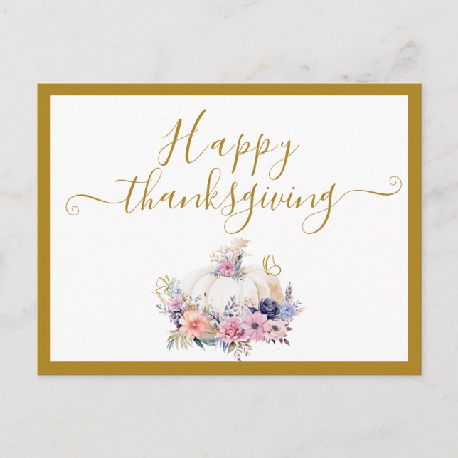 Akvarell Elegant Blommig Pumpa Thanksgiving Helg Vykort (Framsida)