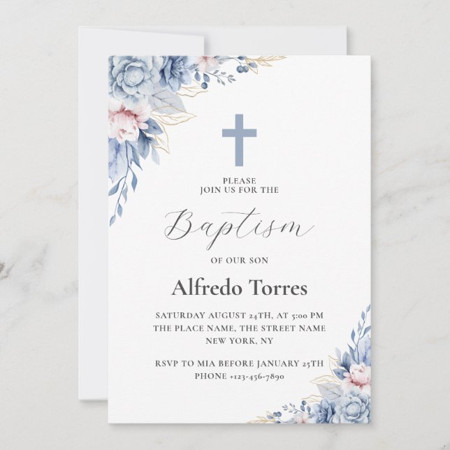 Akvarell Elegant Dammig Blå Blommig Bebis Dop Inbjudningar (Framsida)