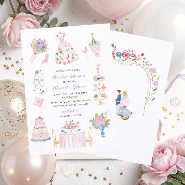 Akvarell Elegant handritad rosa blå   Bröllop S Inbjudningar (Skapare uppladdad)