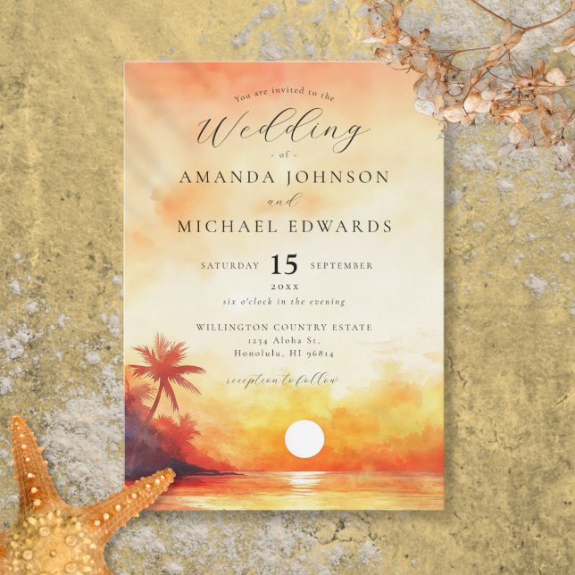 Akvarell Elegant Orange Strand Solnedgång Bröllop Inbjudningar (Watercolor Elegant Orange Beach Sunset Wedding Invitation)