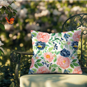 Akvarell Elegant Rosa Blå Blommig Inomhus Utomhus Kudde