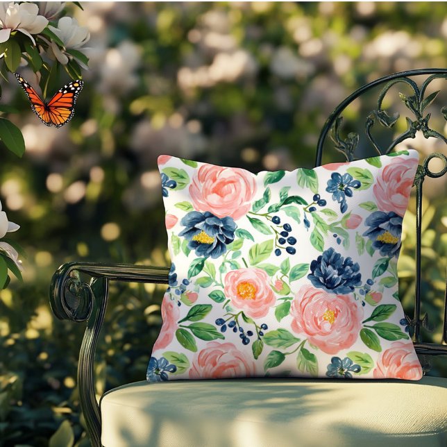 Akvarell Elegant Rosa Blå Blommig Inomhus Utomhus Kudde (Skapare uppladdad)