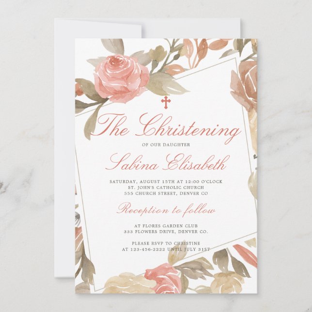 Akvarell Elegant Rosa Blommig Dopceremoni Inbjudningar (Framsida)