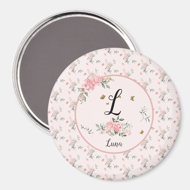 Akvarell Eleganta Rosa Rosor med Fjärilar Magnet (Front/Back)