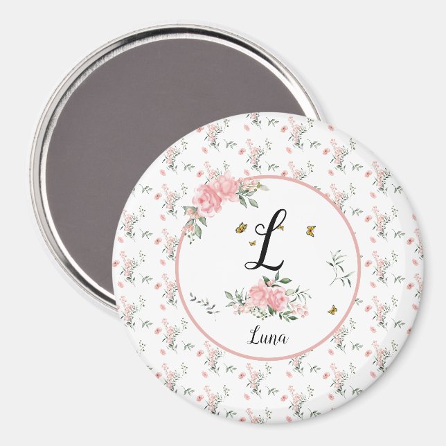 Akvarell Eleganta Rosa Rosor med Fjärilar Magnet (Front/Back)