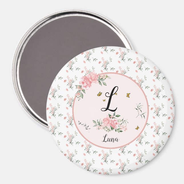 Akvarell Eleganta Rosa Rosor med Fjärilar Magnet (Front/Back)