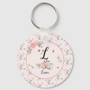 Akvarell Eleganta Rosa Rosor med Fjärilar Nyckelring