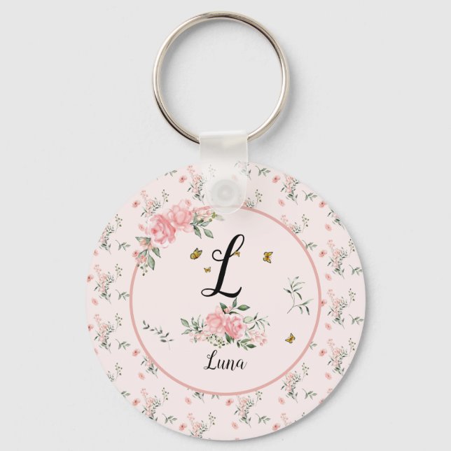 Akvarell Eleganta Rosa Rosor med Fjärilar Nyckelring (Framsida)