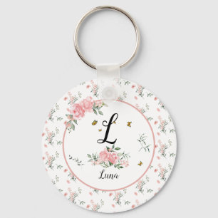 Akvarell Eleganta Rosa Rosor med Fjärilar Nyckelring
