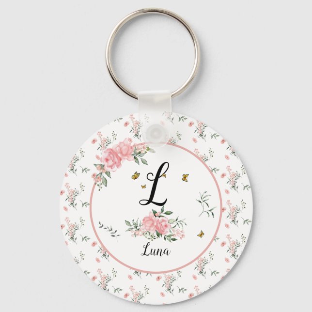 Akvarell Eleganta Rosa Rosor med Fjärilar Nyckelring (Framsida)