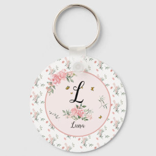 Akvarell Eleganta Rosa Rosor med Fjärilar Nyckelring