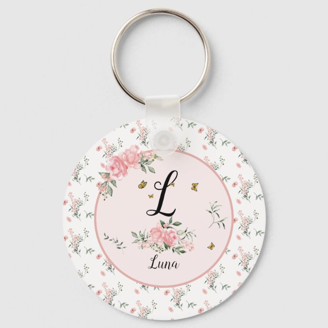 Akvarell Eleganta Rosa Rosor med Fjärilar Nyckelring (Framsida)